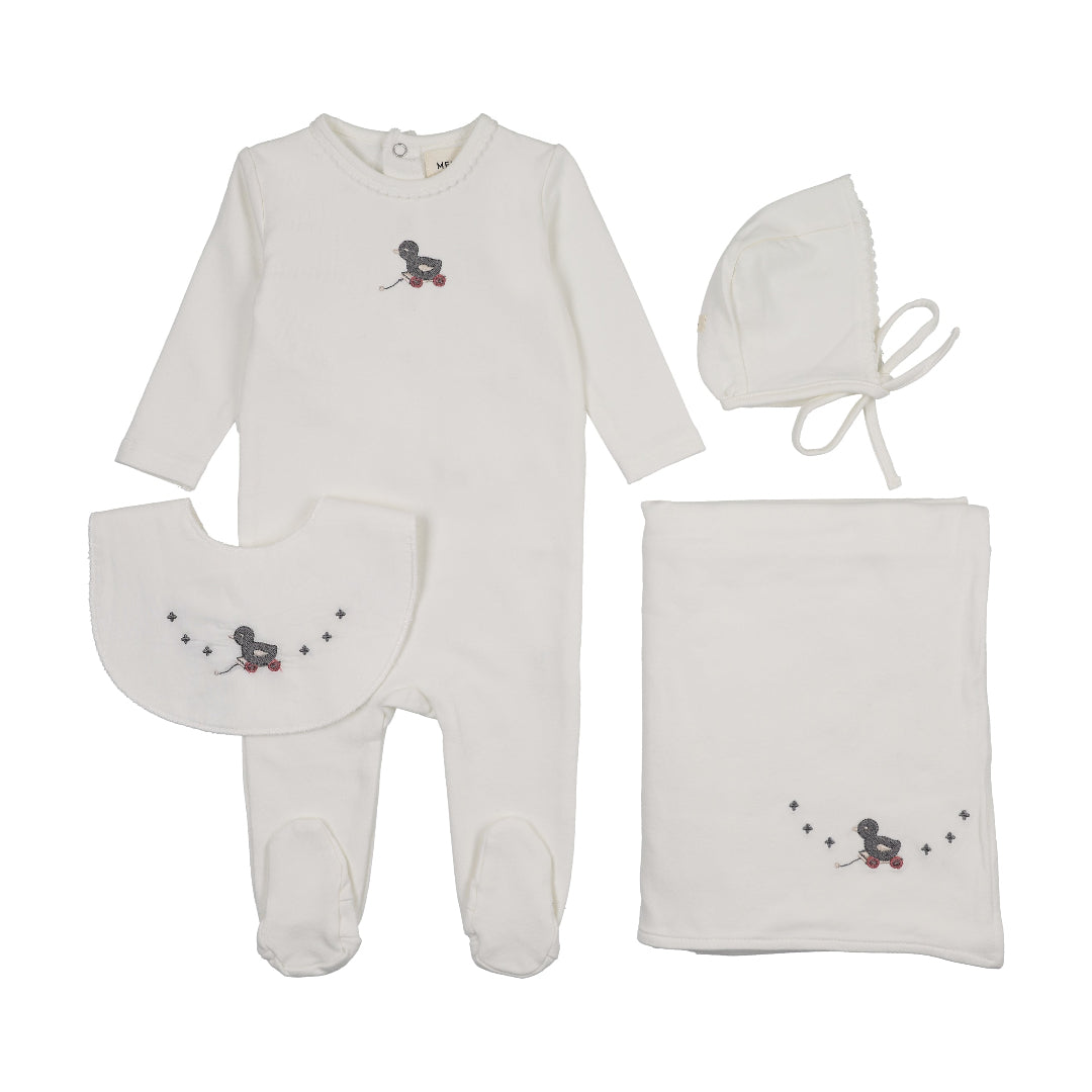 Winter White/Slate Duck Embroidered Duck Four Piece Set (including bib)