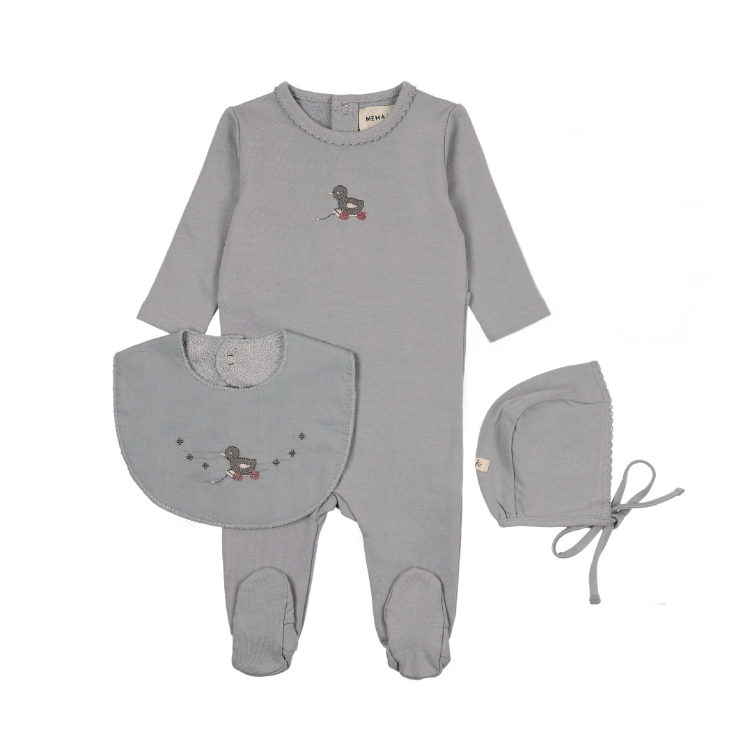Windy Blue/Slate Duck Embroidered Duck Footie+Bonnet+Bib
