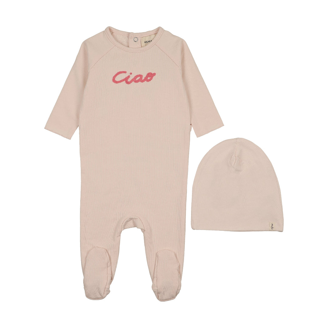 Baby Blush-Neon Pink French Terry Embroidered Wordart Footie + Beanie