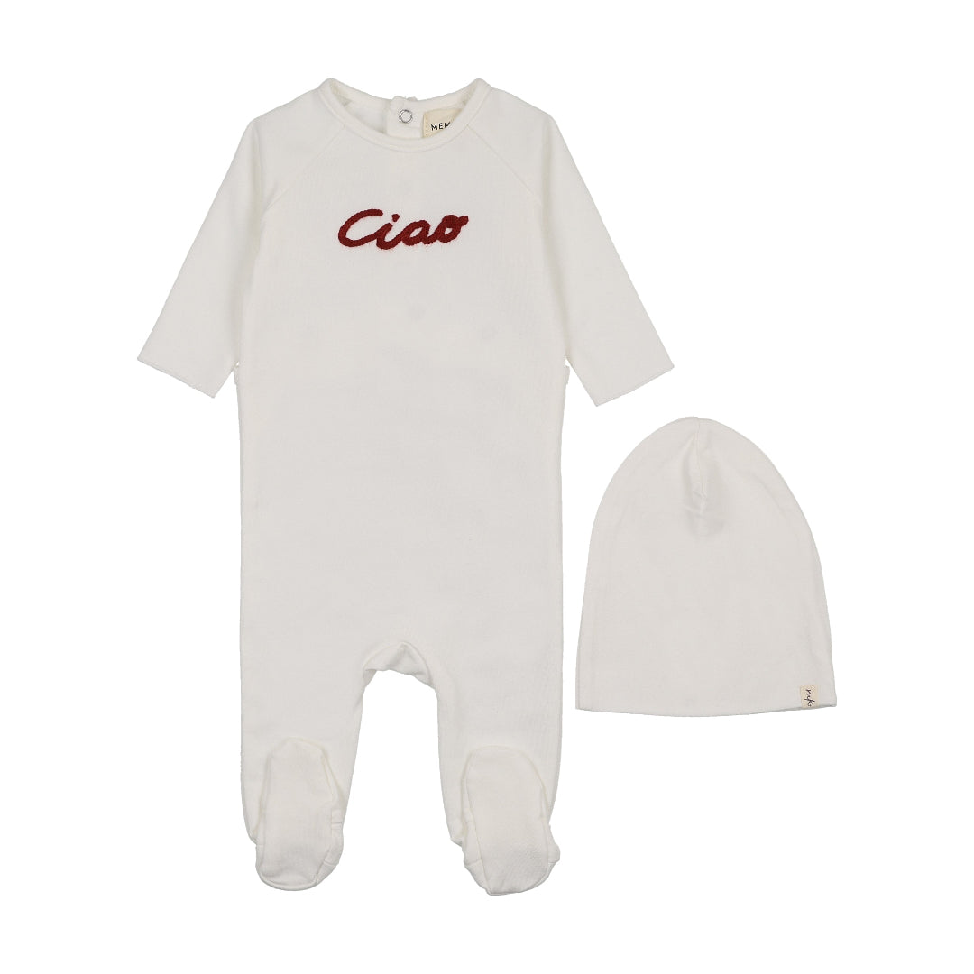 Winter White-Rosewood Stitching French Terry Embroidered Wordart Footie + Beanie