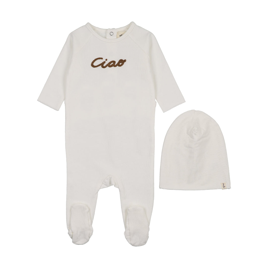 Winter White-Otter French Terry Embroidered Wordart Footie + Beanie