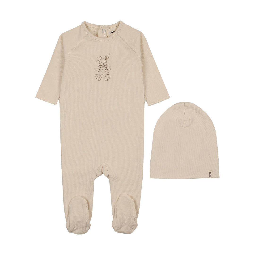 Light Beige-Otter Vintage Bunny Print Footie + Beanie
