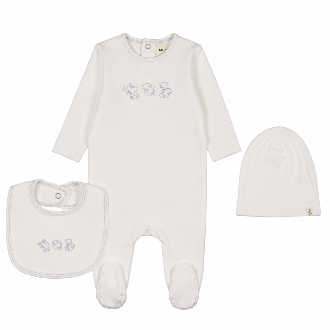 Winter White-Blue Stitching Embroidered Stitch Teddy Footie+Beanie+Bib
