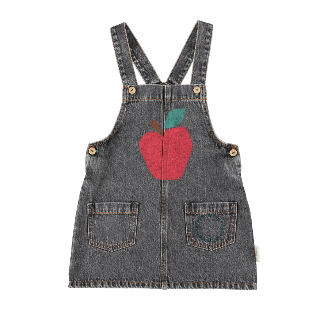 Washed Black Denim w/ Apple Print Dress w/ Straps