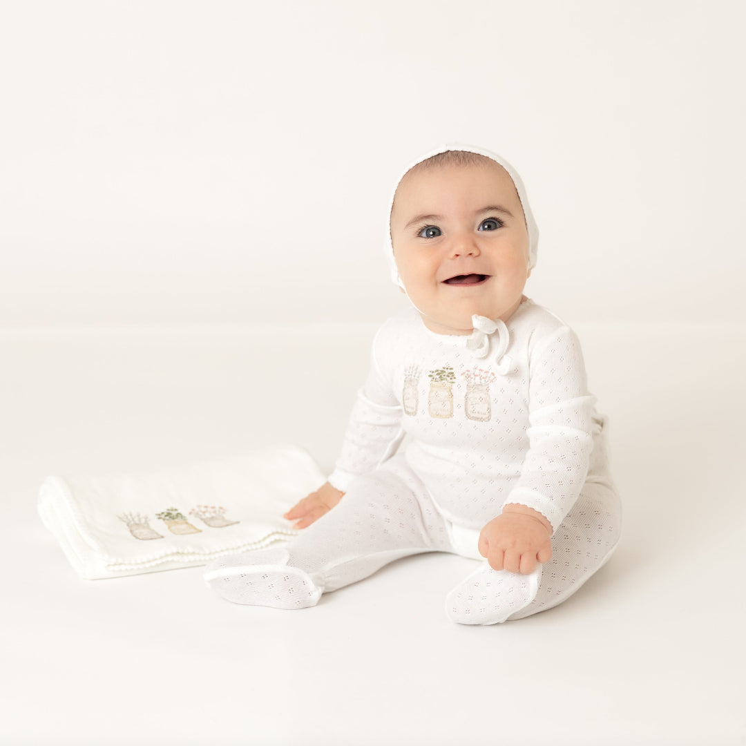 Arctic White Girls Mason Jars Print Footie with Bonnet