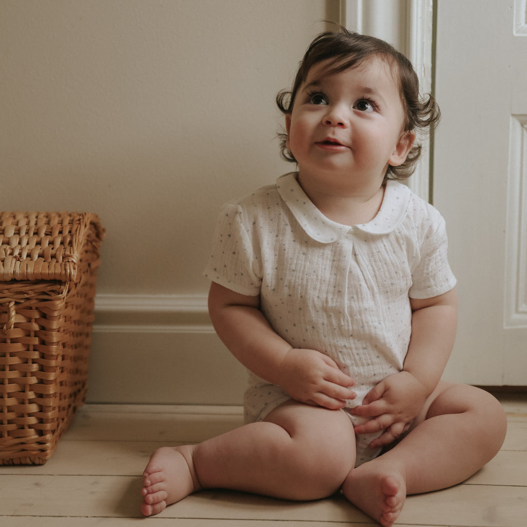 Winter White/ Faded Blue Gauze Collared Shirt + Bloomer