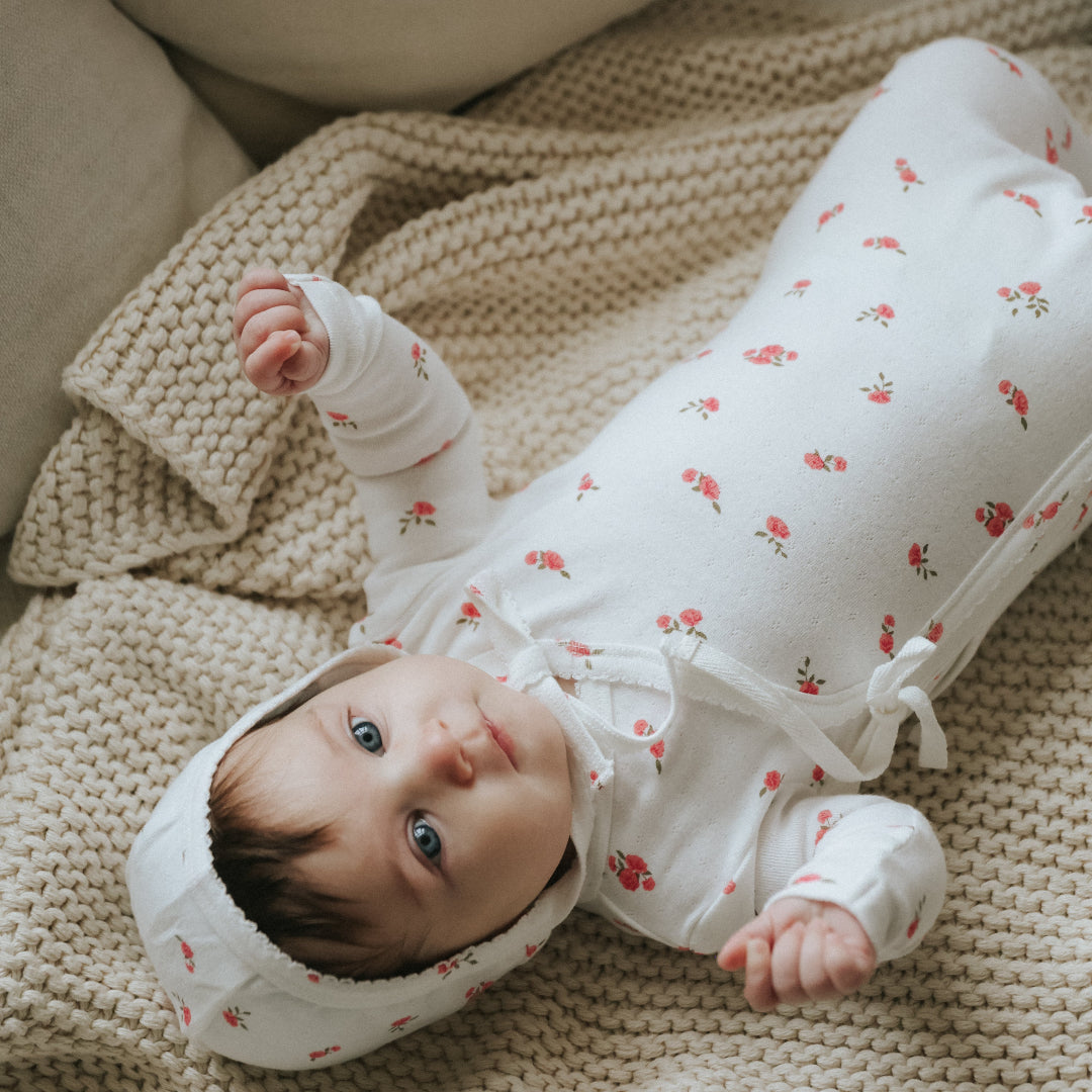 Floral Pink Pointelle Side Snap Footie + Bonnet