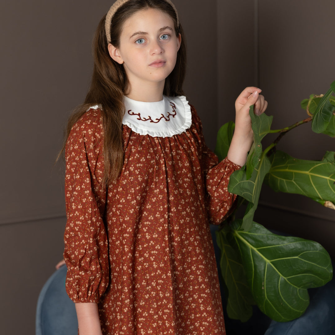 Floral Burnt Red Bib Dress