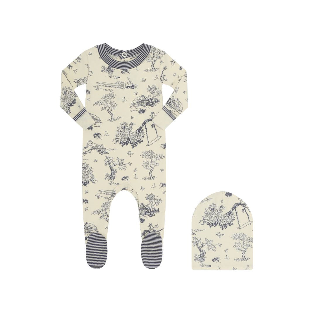 Ivory/Navy Toile Pajama Footie & Beanie set