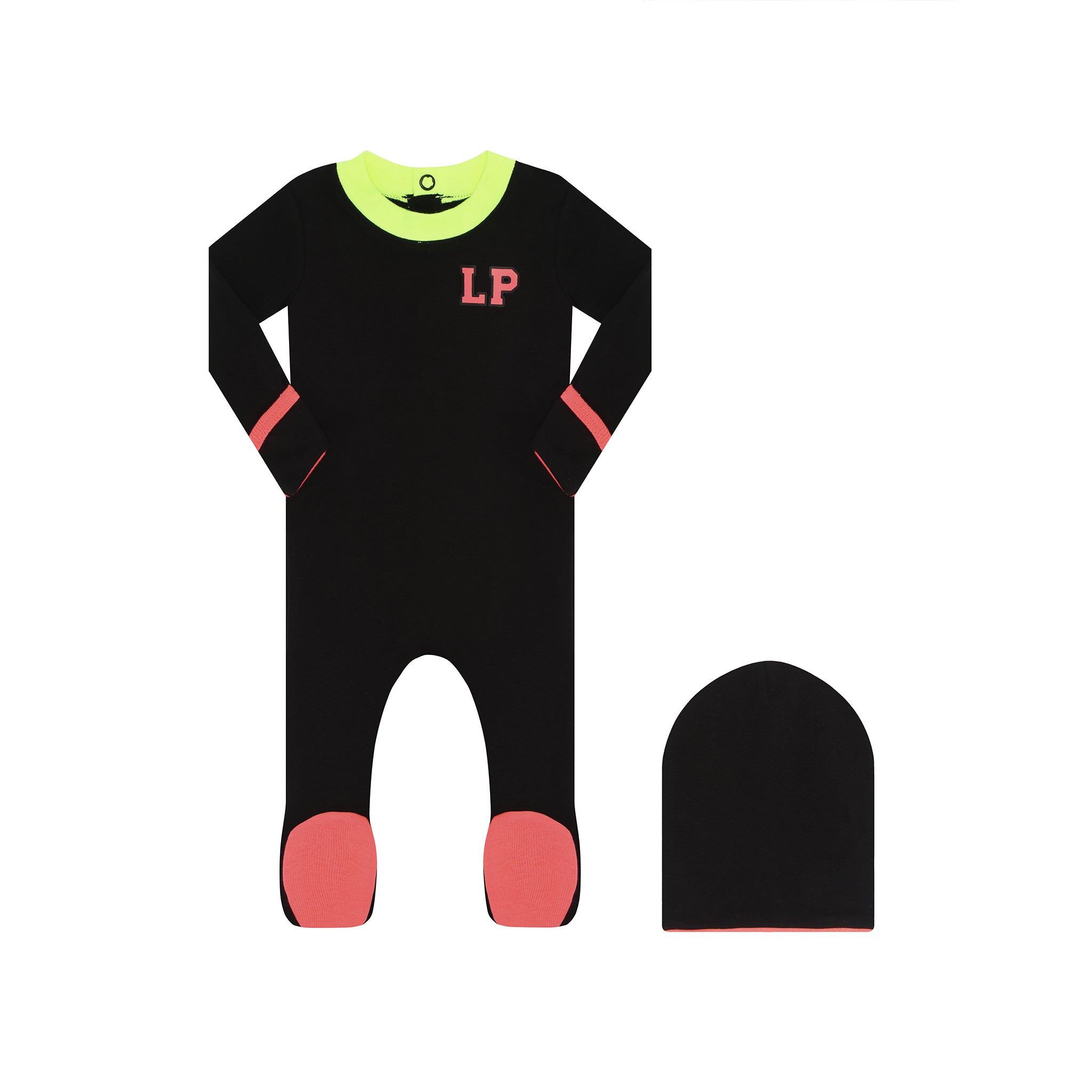 Black/Pink Neon LP Logo Pajama Footie & Beanie set