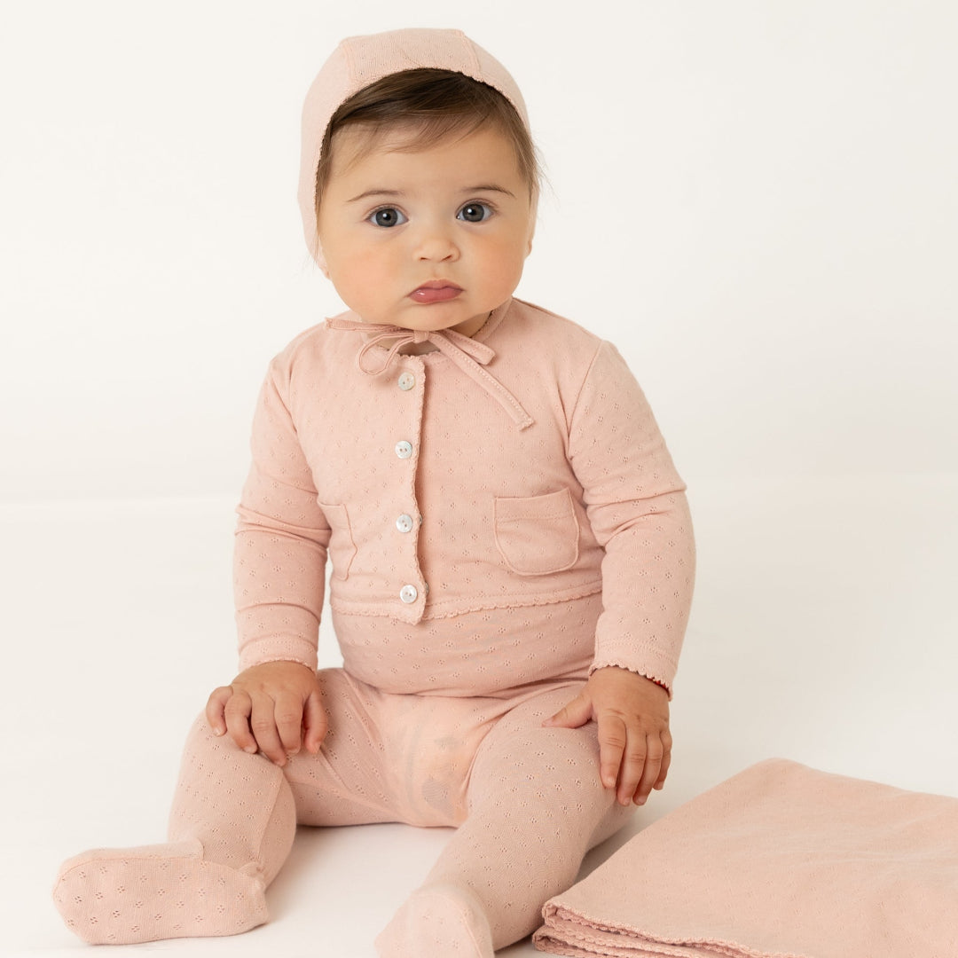 Rose Perfect Pointelle Outfit Romper with Bonnet and Cardigan