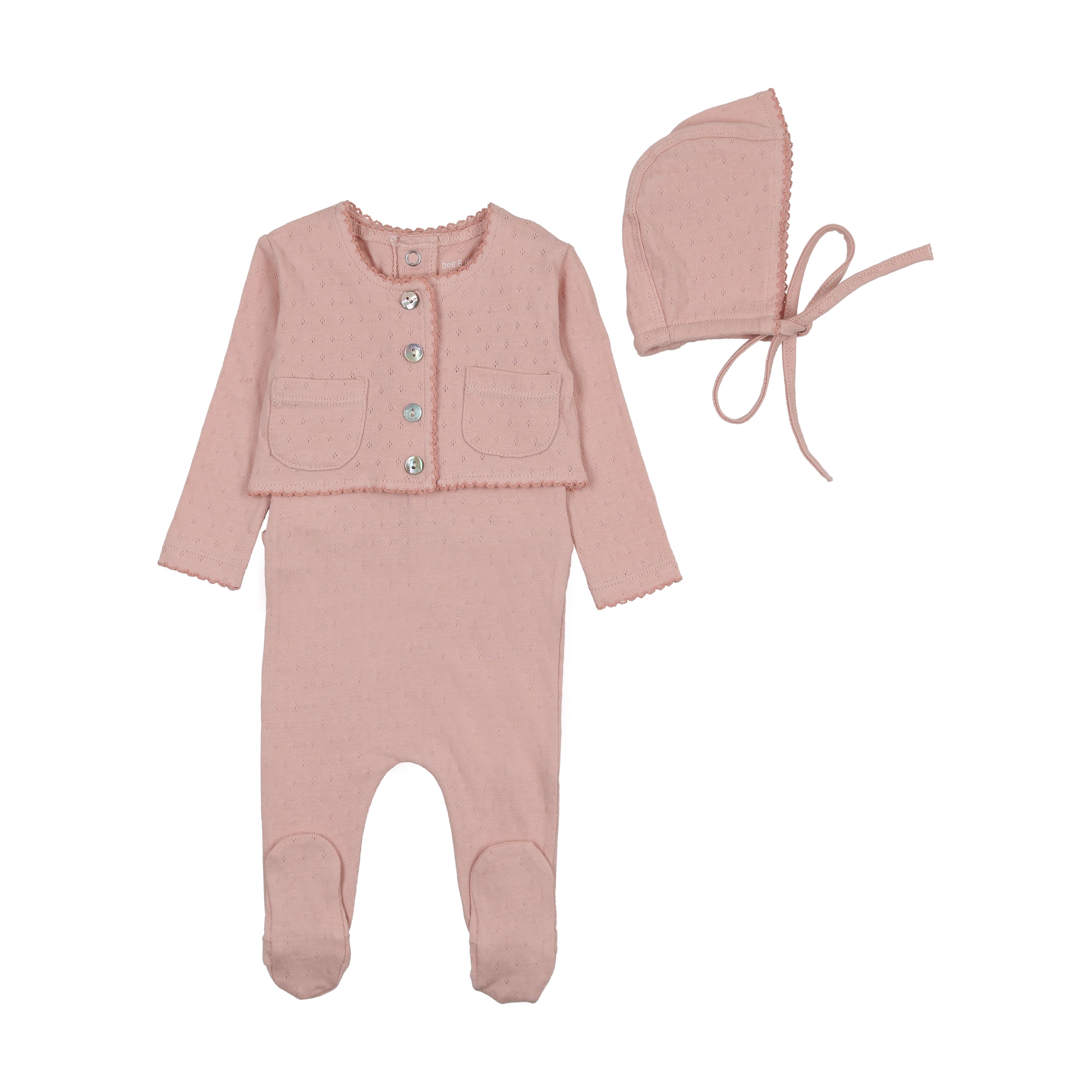 Rose Perfect Pointelle Outfit Romper with Bonnet and Cardigan