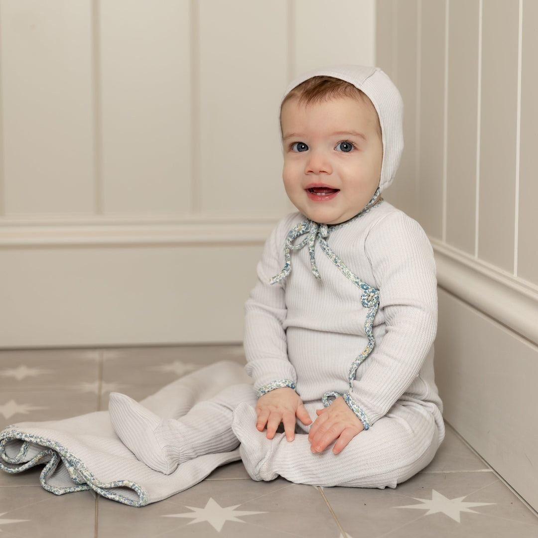 Poplin Trim Boys Footie with Beanie