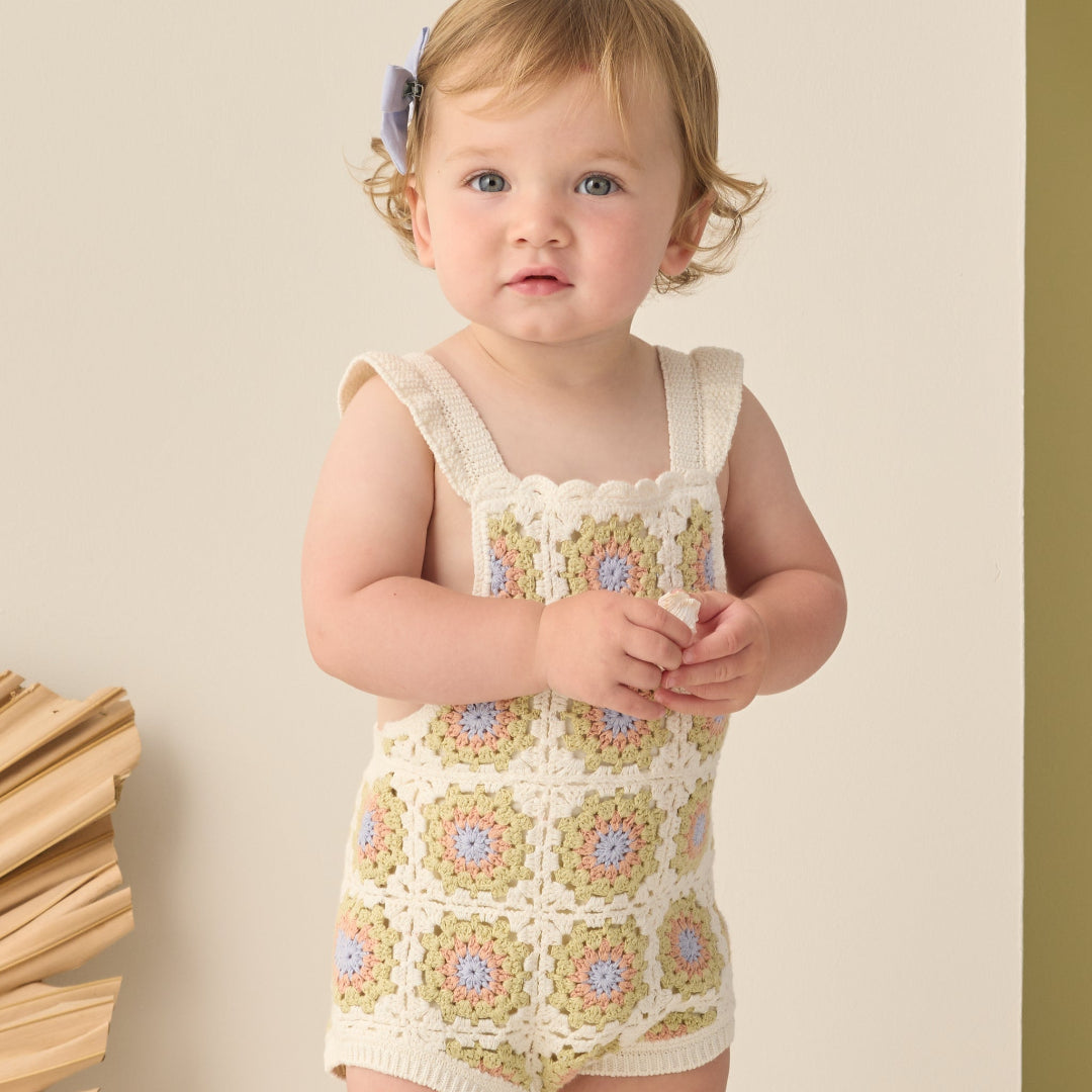 Citron Daisy Check Crochet Romper