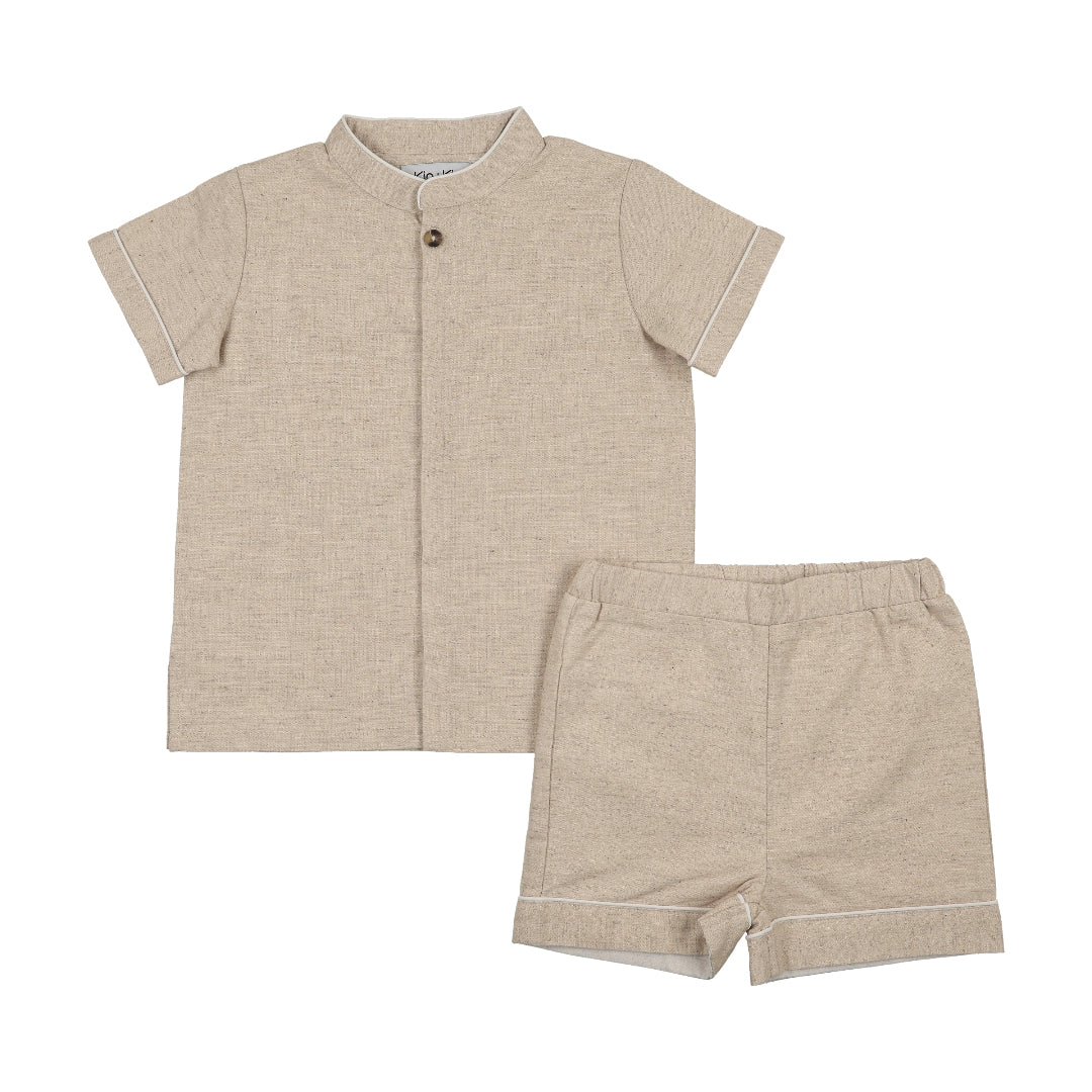 Beige/White Piping Stand Up Collar Shirt+Shorts Shabbos Set