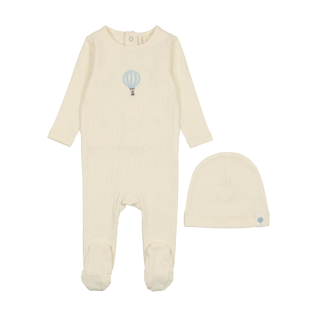 Cream/ Blue Single Hot Air Balloon Footie Set