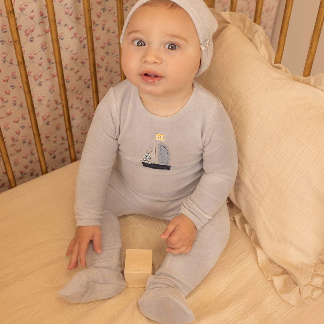 Crisp Blue Sail Away Velour Footie/Beanie