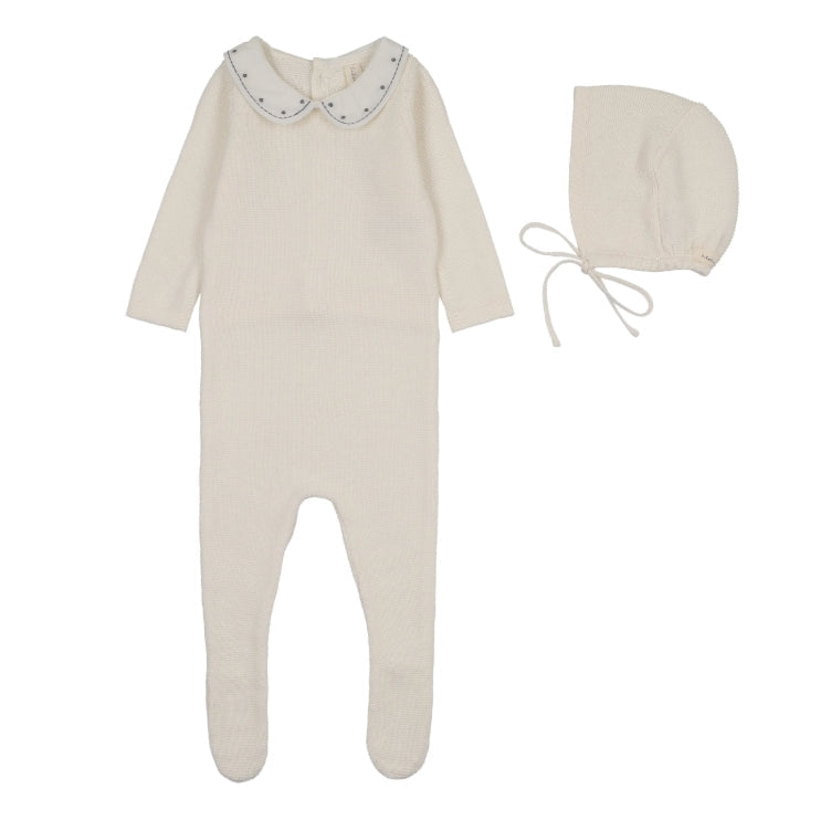 Cream/Blue Embroidered Knit Collar Footie Set