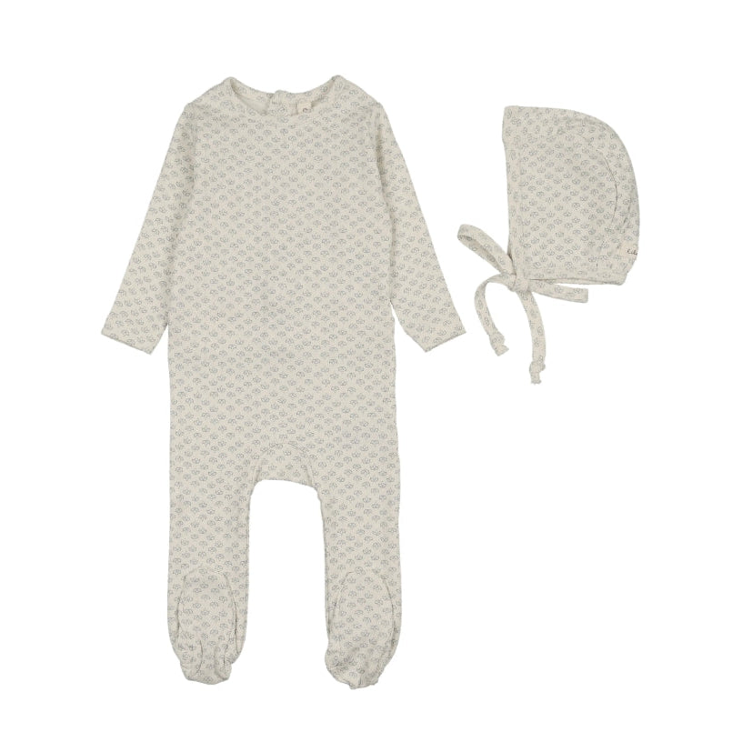 Cream/Blue Mini Flora Print Footie Set