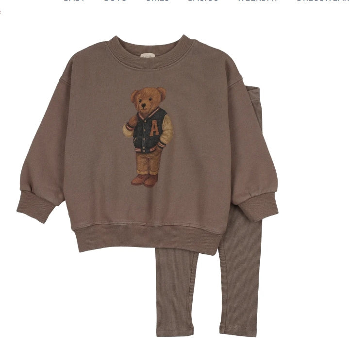 Washed Brown Varsity Bear Sweatshirt Set