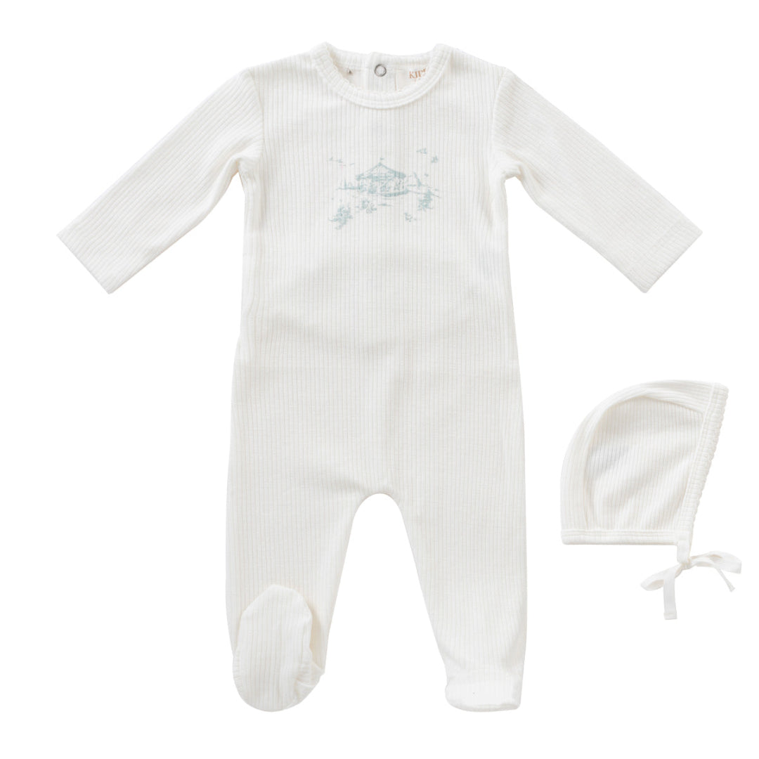 Blue Carousel Romper and Bonnet Set