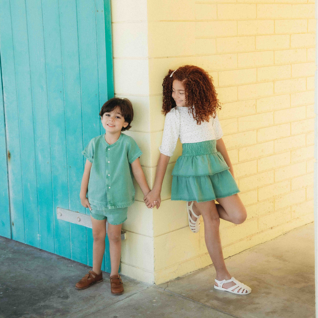 Green Wash Denim Tiered Skirt