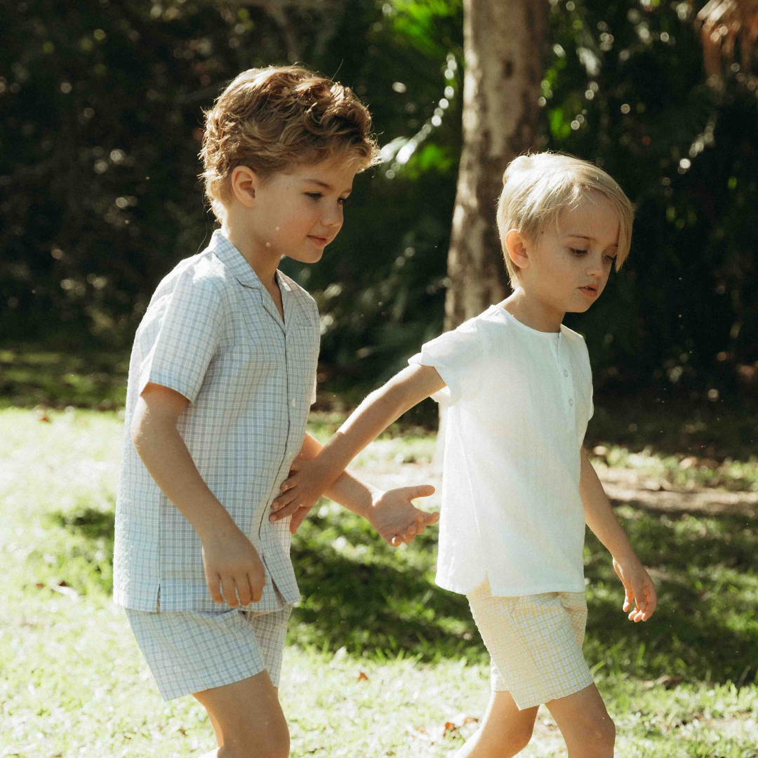 Sky Blue/ White Plaid Boys Front Button Shorts