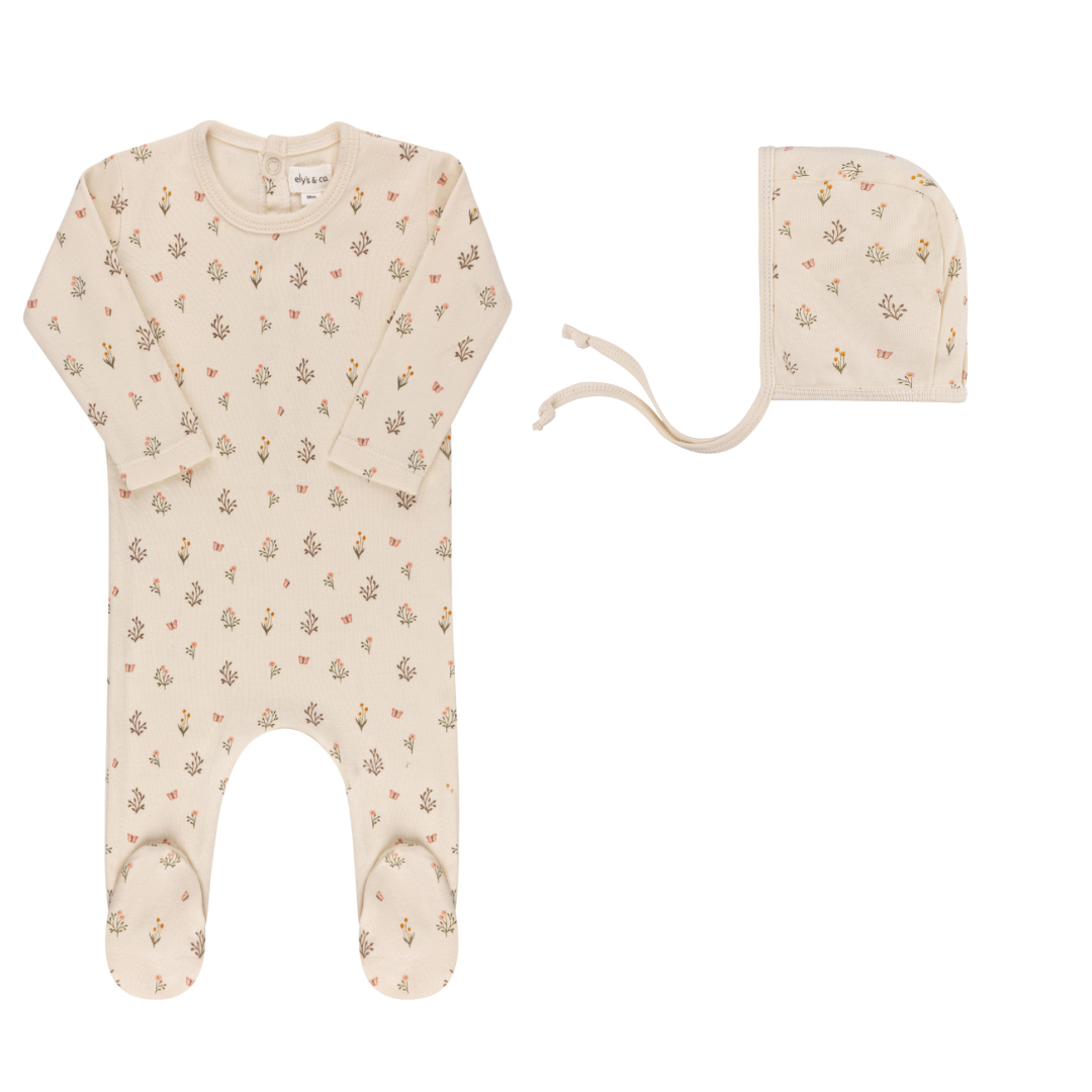 Ivory Girl Garden Floral Print Footie + Bonnet