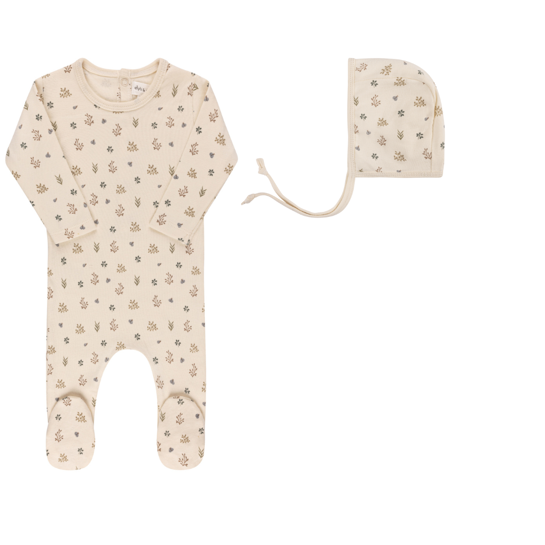 Ivory Boy Garden Floral Print Footie + Bonnet