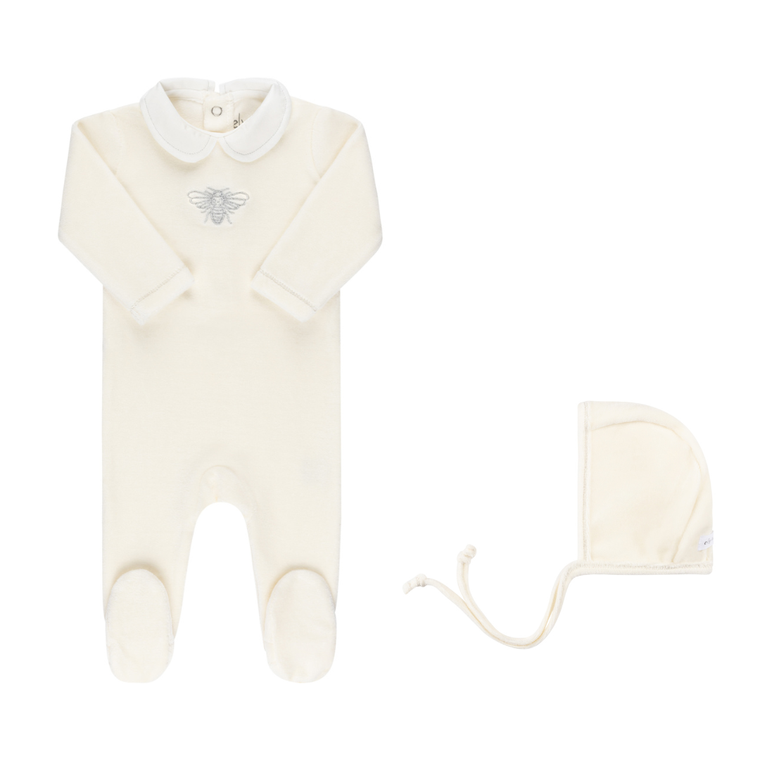 Ivory/Silver Velour Bee Embroidered Footie & Bonnet Set