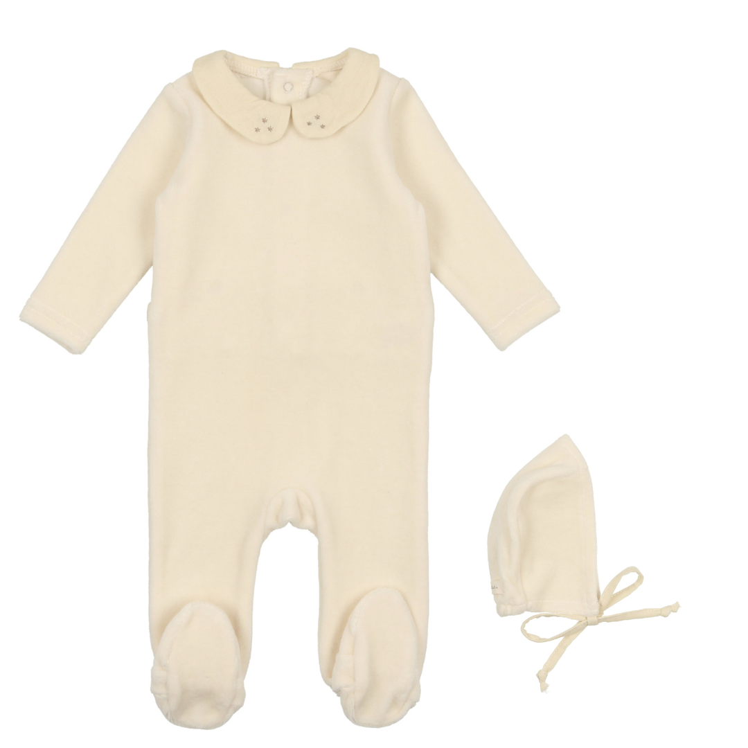 Ivory Velour Collar Footie & Bonnet