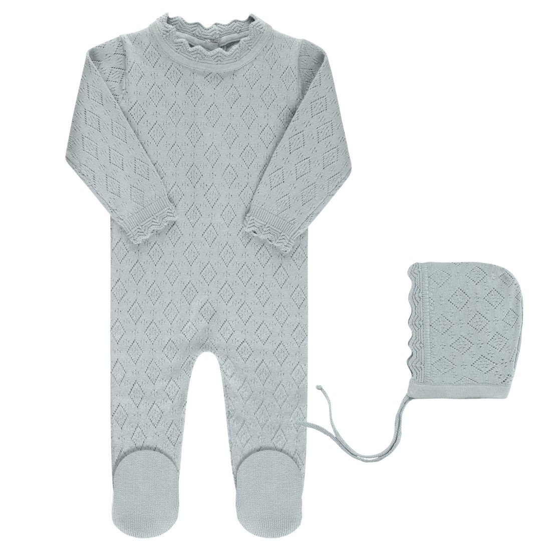 Blue Pointelle Knit Footie & Bonnet