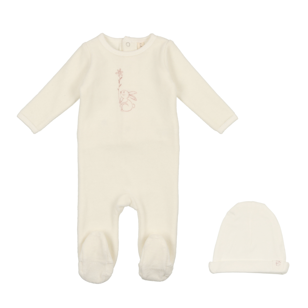White Velour Pink Flower Bunny Footie & Beanie