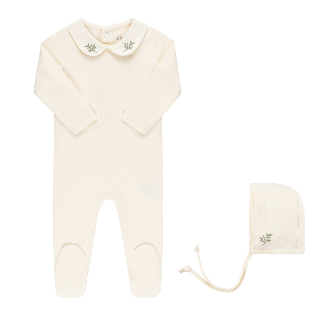 Cream Leaf Embroidered Collar Footie & Bonnet Set