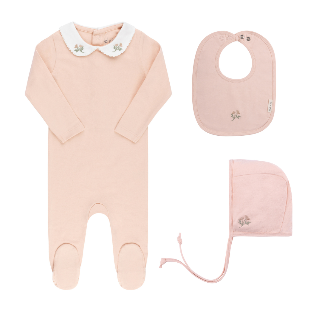 Pink Floral Embroidered Collar Footie & Bib Set