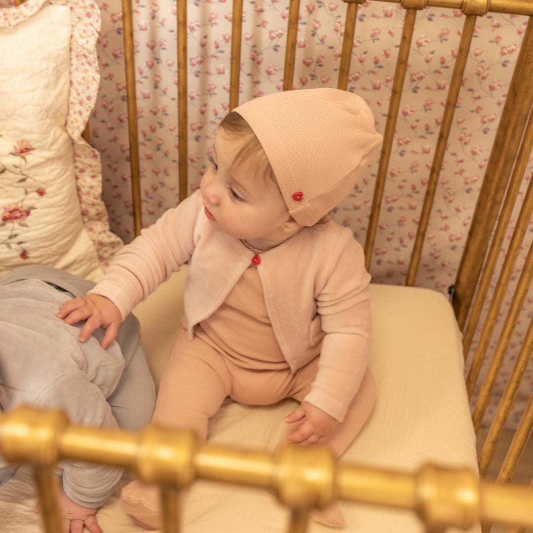 Caramel Velour Cardigan Ribbed Footie/Beanie
