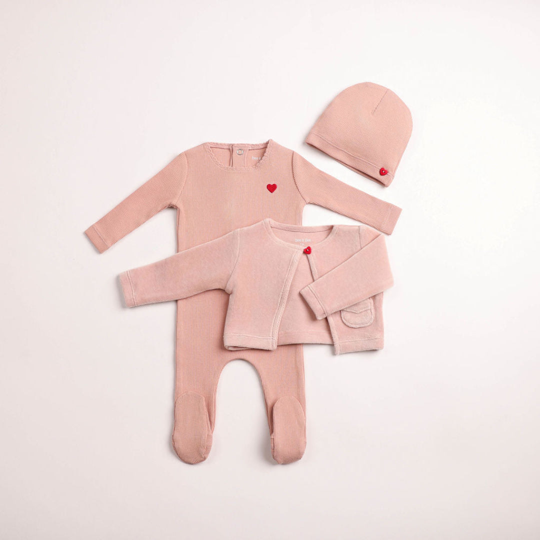 Caramel Velour Cardigan Ribbed Footie/Beanie