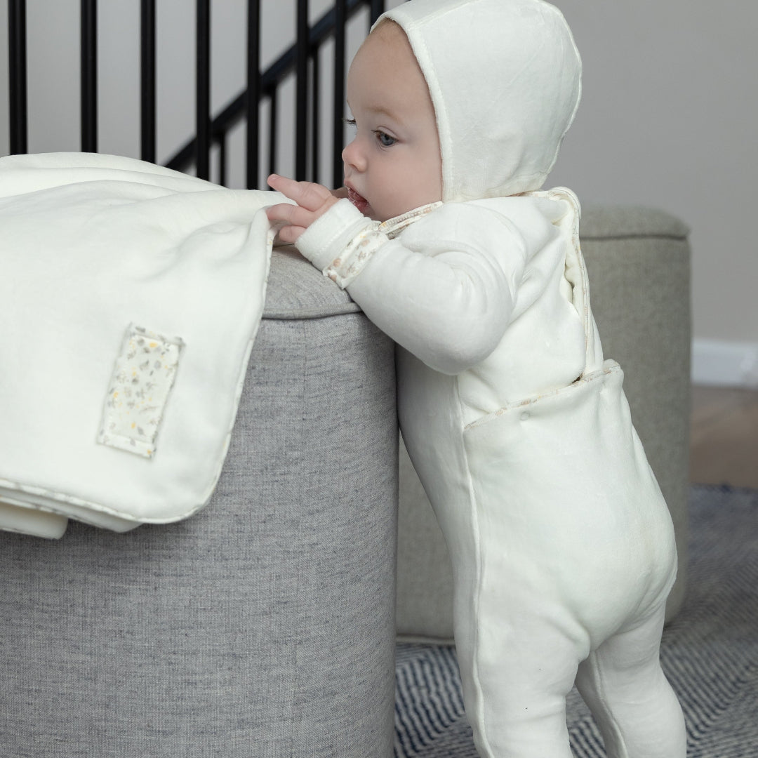 Chalk White Velour Whimsical Bloom Patch Footie/Bonnet