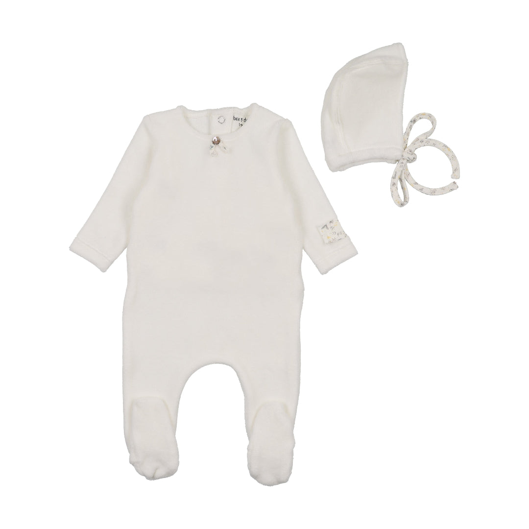 Chalk White Velour Whimsical Bloom Patch Footie/Bonnet