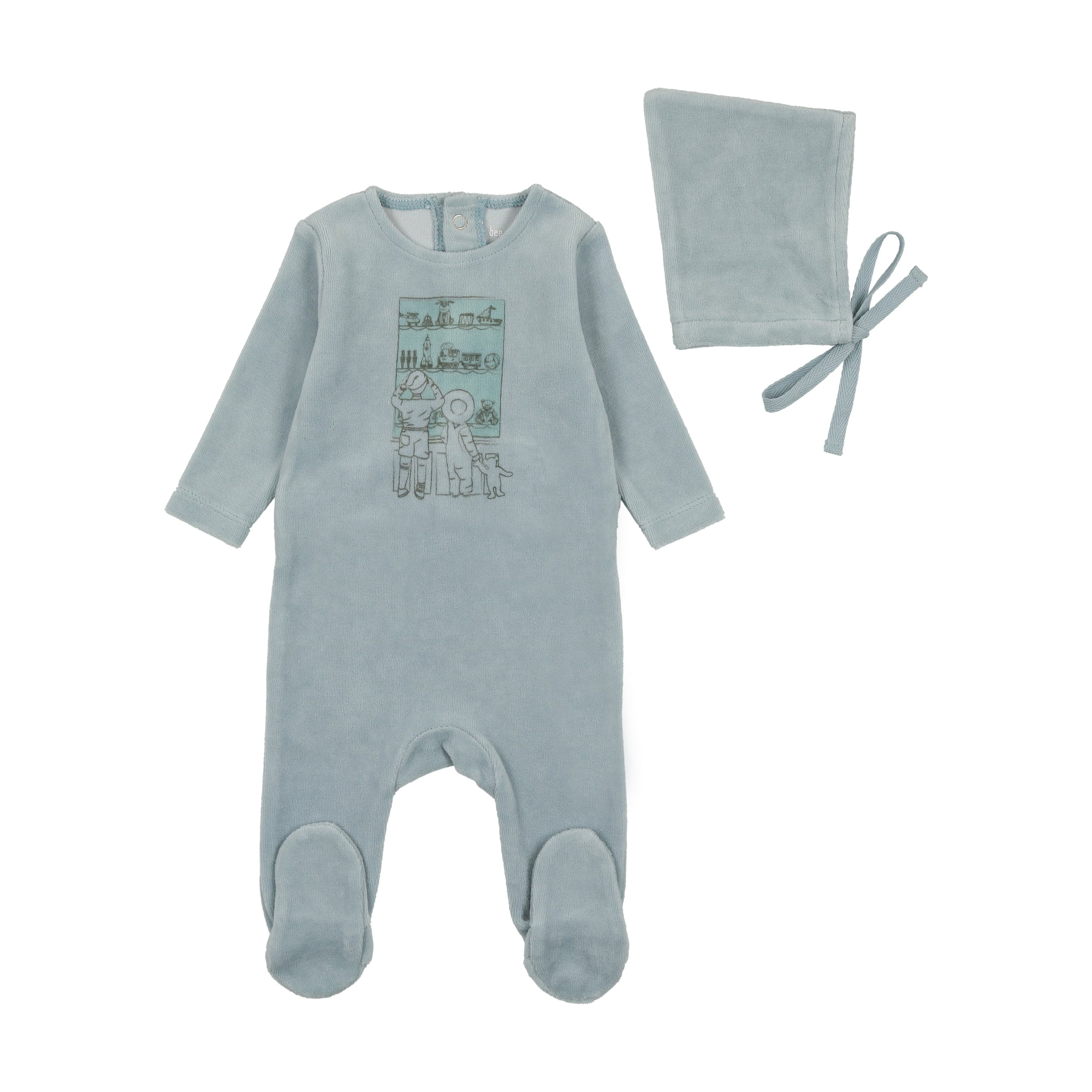 Dusty Blue Velour Window Footie & Bonnet Set