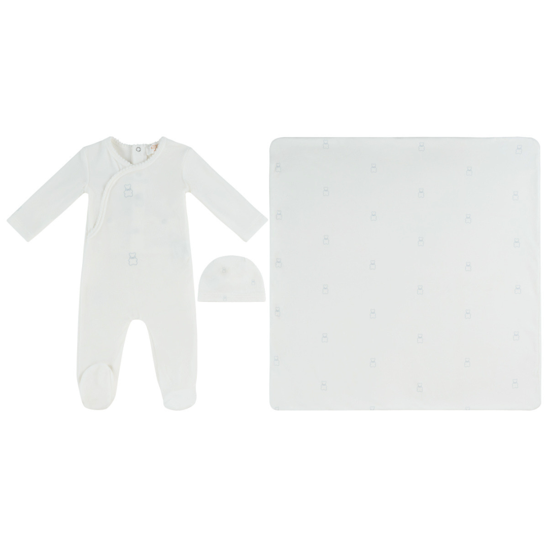 Blue Petit Ours Pattern Velour Footie, Hat and Blanket Set