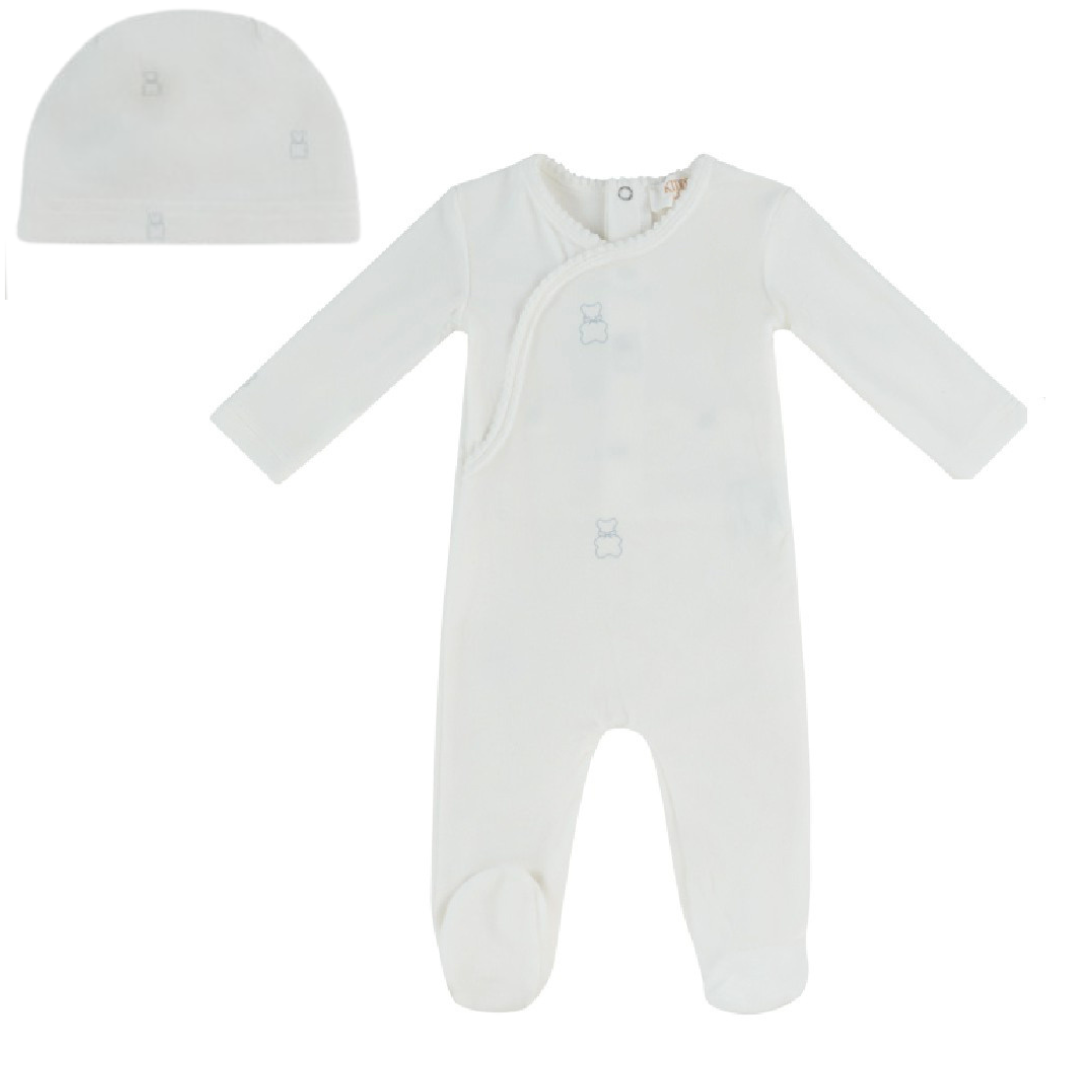 Blue Petit Ours Pattern Velour Footie and Hat Set