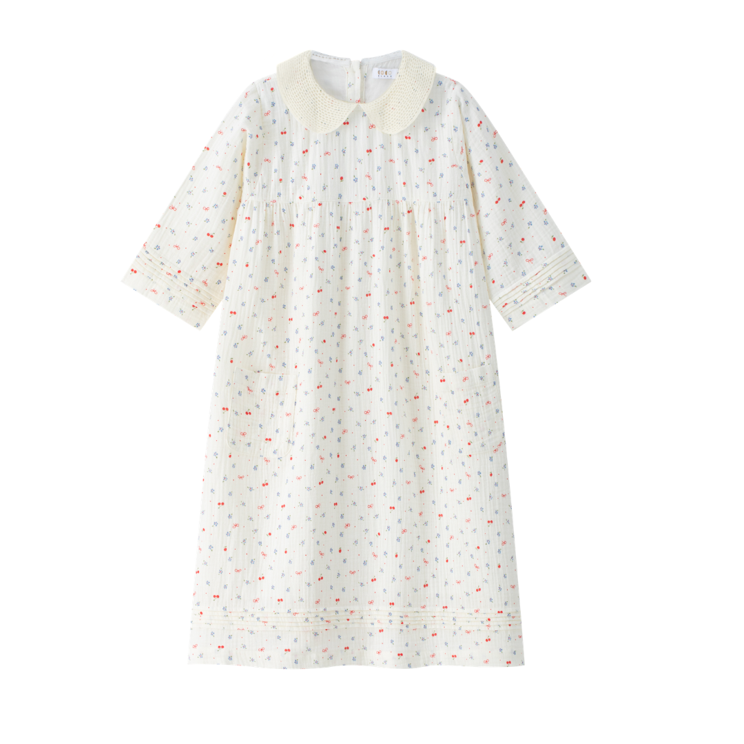 Cherry Gauze Dress W/ Crochet Collar