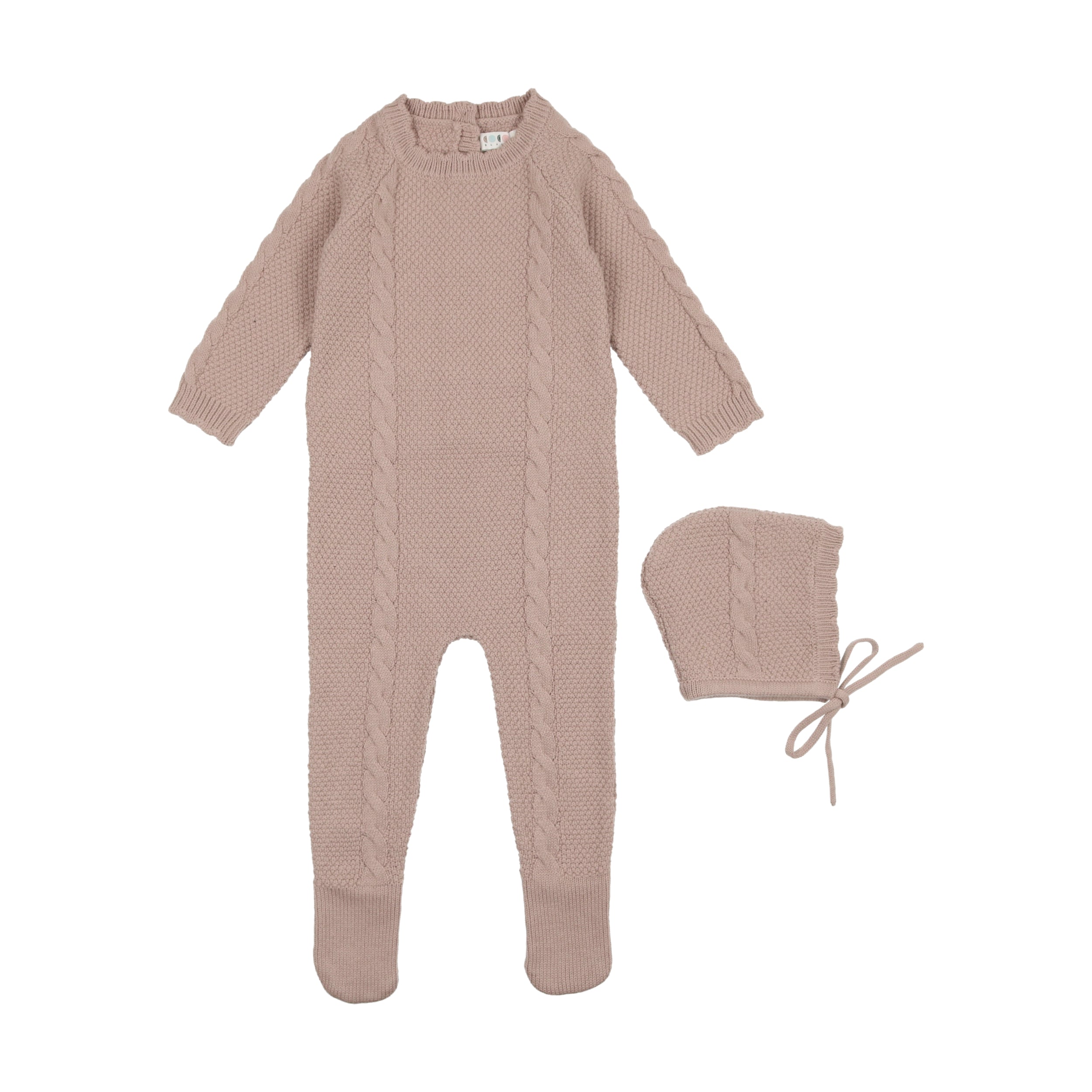 Pale Pink Cabled Knit Footie & Bonnet Set