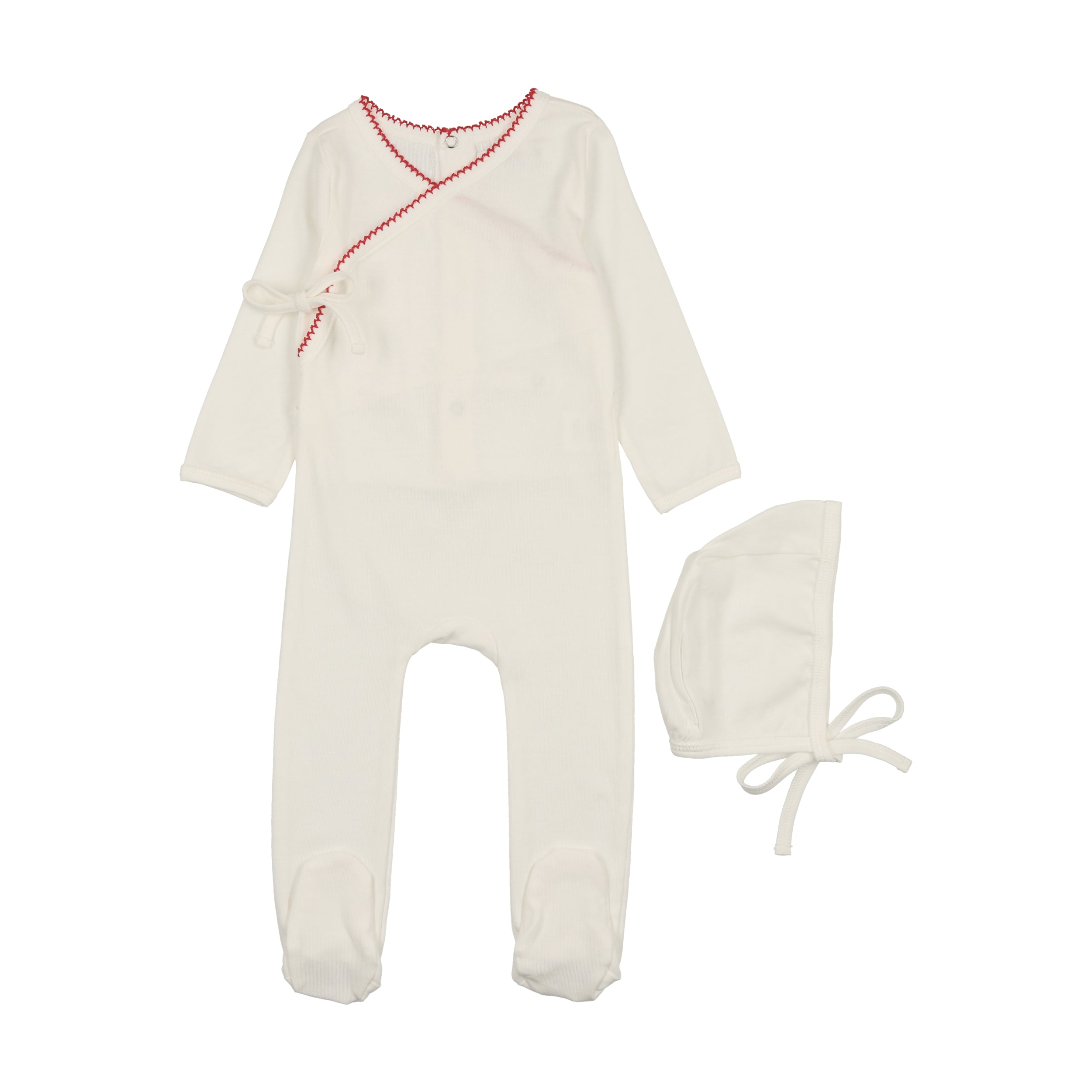 Ivory with Red Rickrack Trim Footie & Bonnet Set