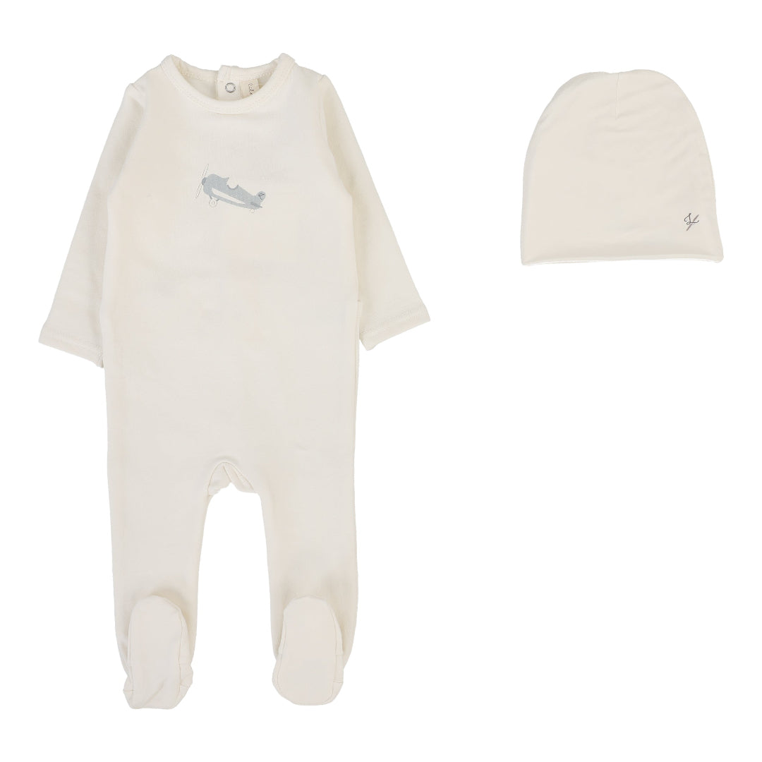 Cream/Airplane Graphic Footie Set