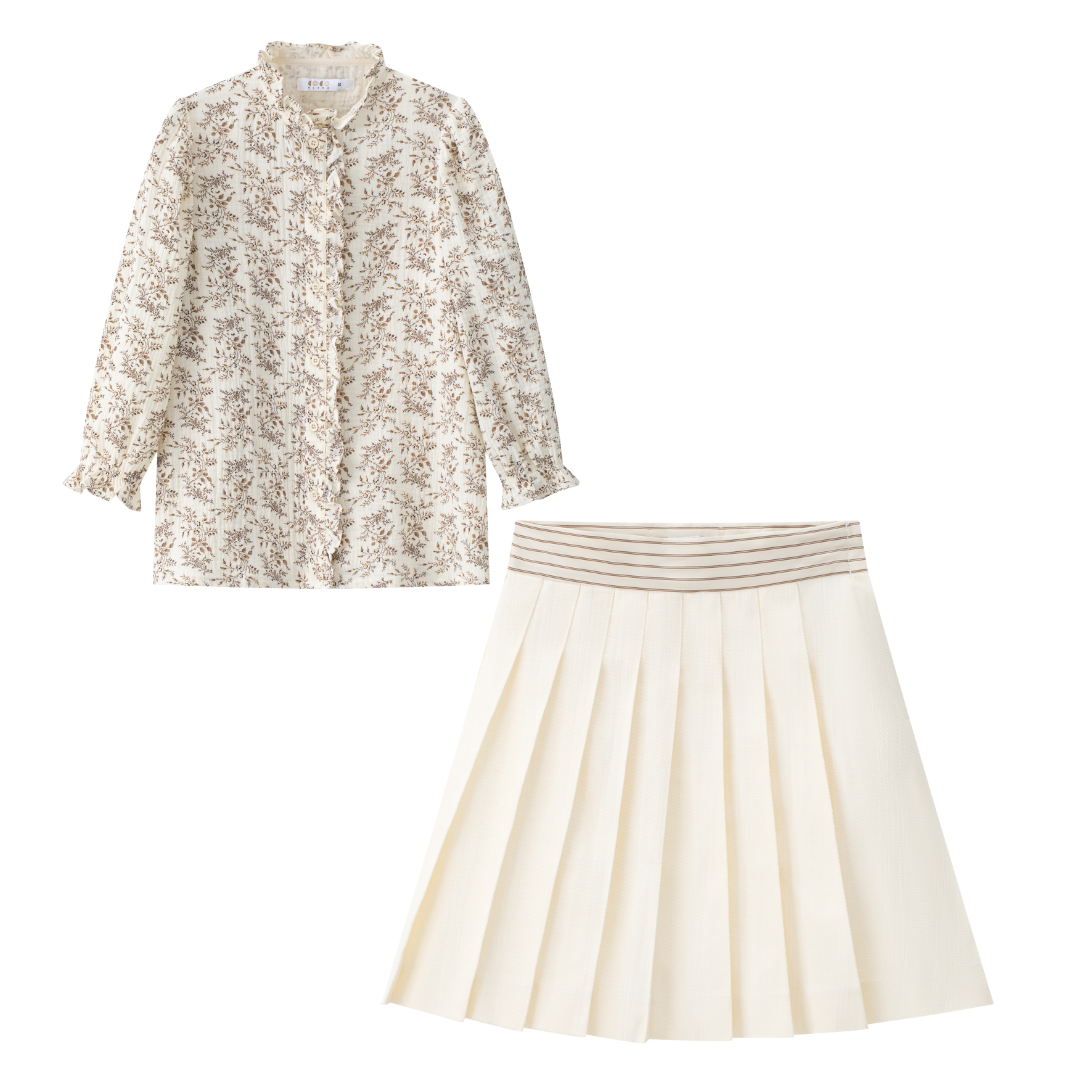 Girls Floral Top + Pleated Skirt Set