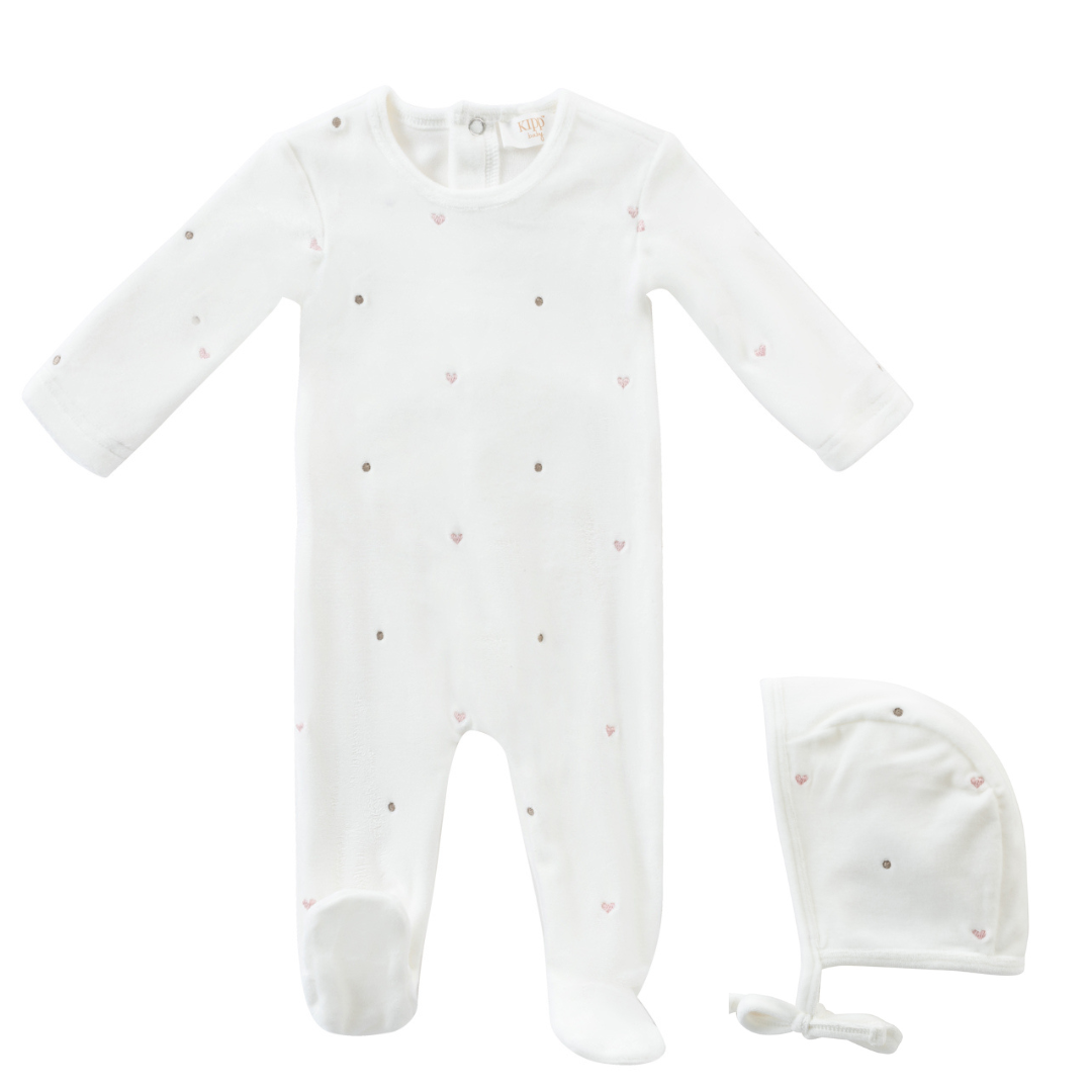 Pink Heart Velour Romper & Bonnet Set