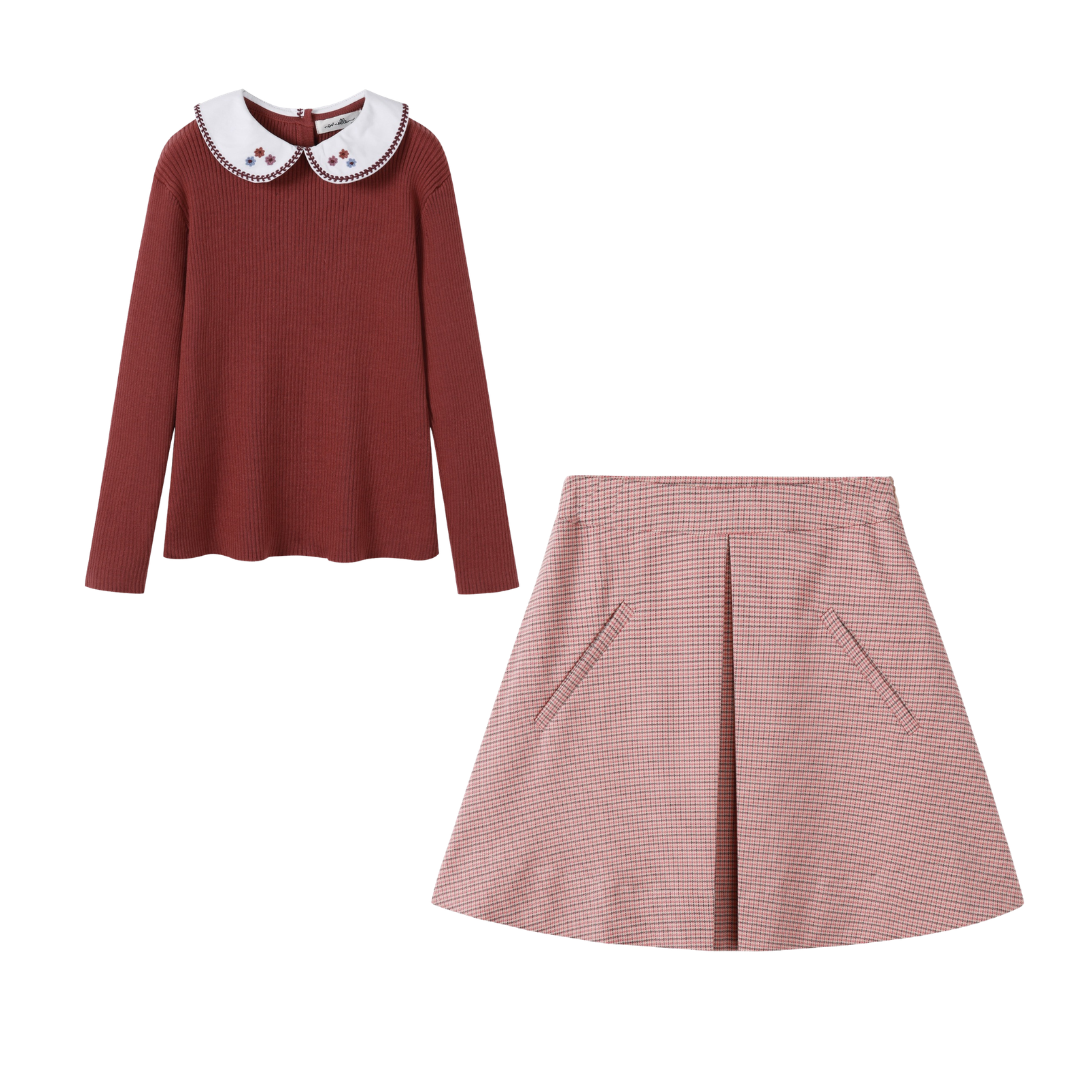 Houndstooth Skirt & Collar Sweater Set