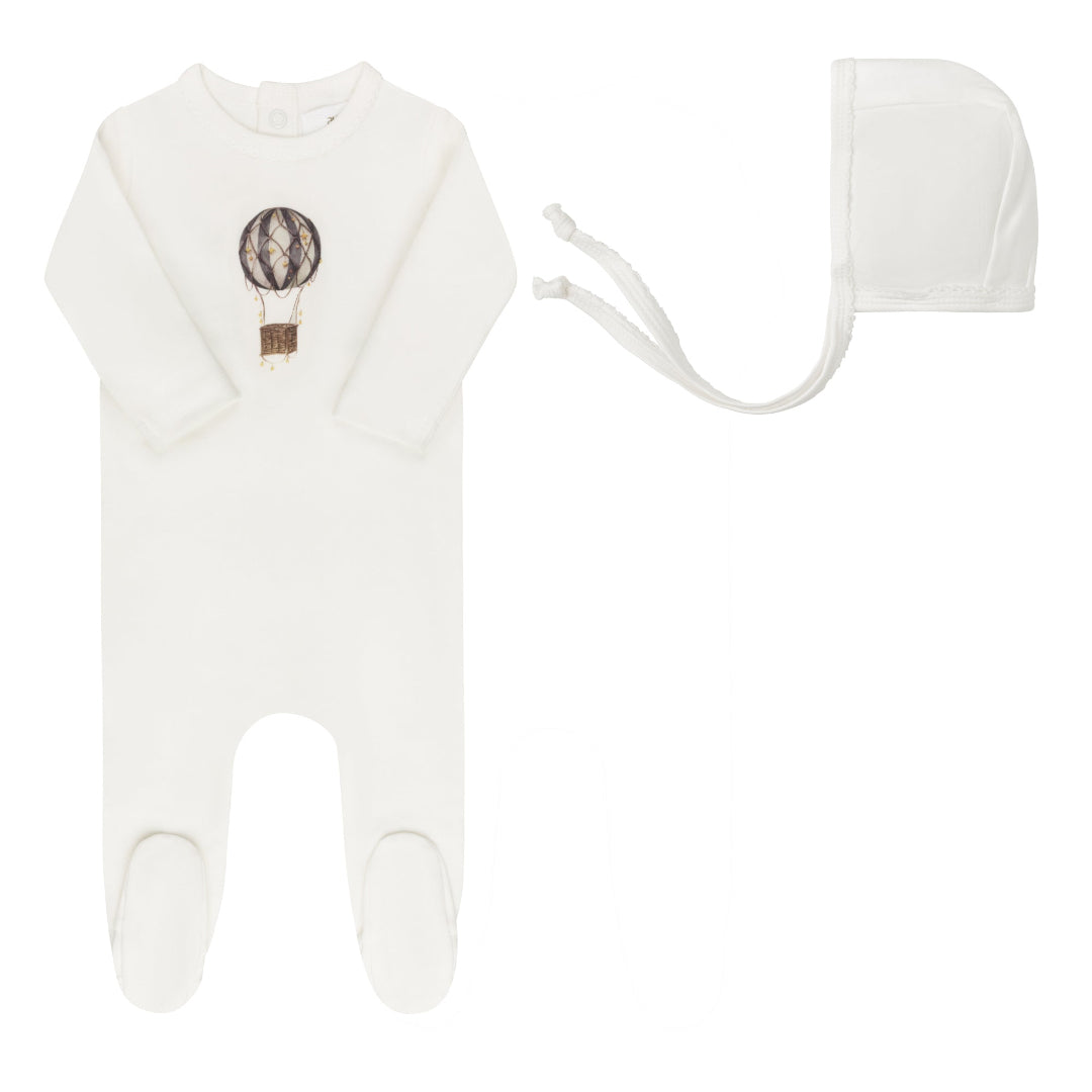 Ivory/Blue French Hot Air Balloon Collection Footie + Bonnet